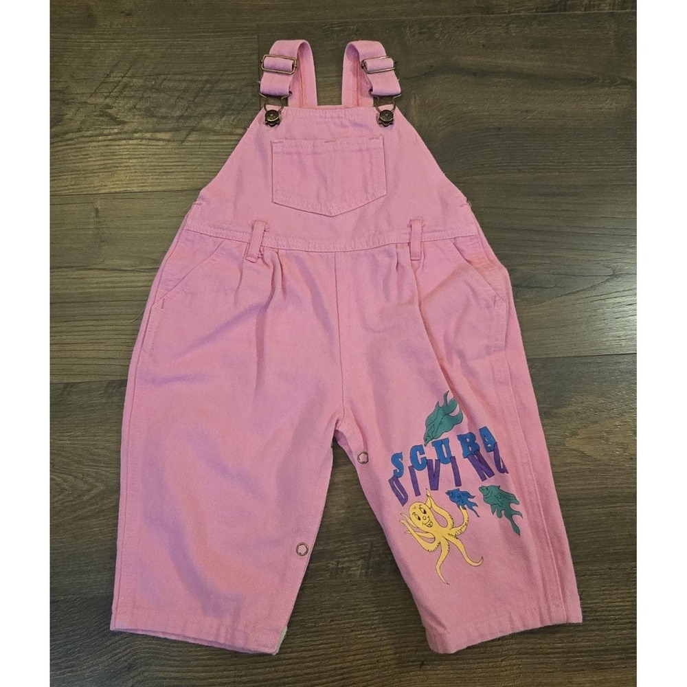 Vintage French Toast‎ Girls Pink Overalls 24M Cute Octopus Scuba Diving Graphic